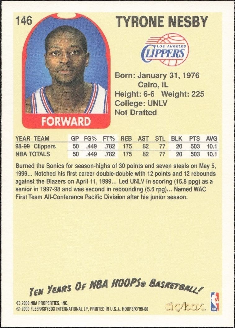 1999-00 Skybox NBA Hoops Decade Tyrone Nesby #146 basketball trading card back