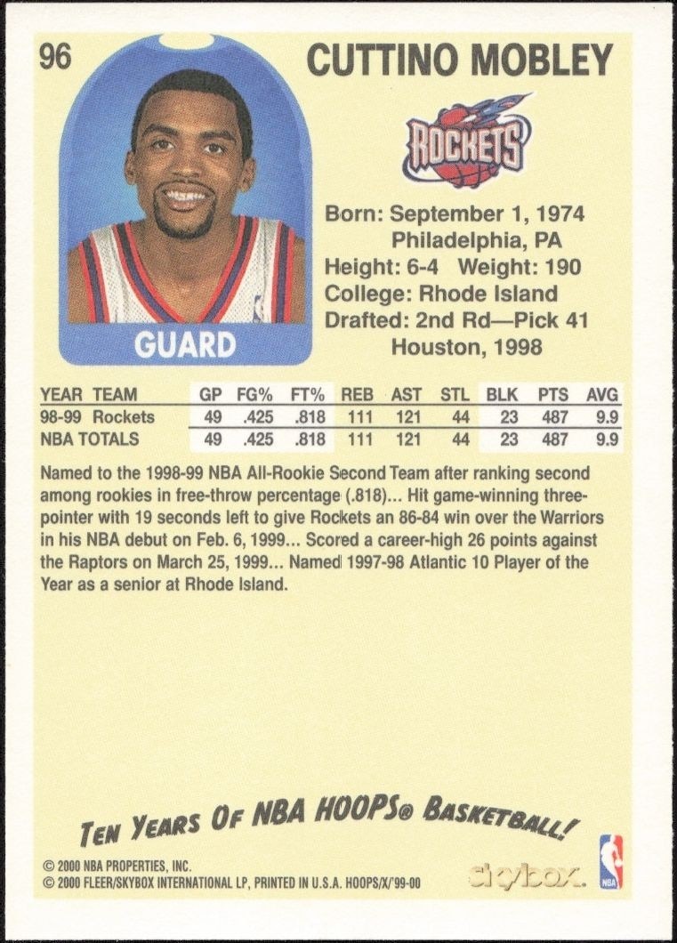 1999-00 Skybox NBA Hoops Decade Cuttino Mobley #96 basketball trading card back