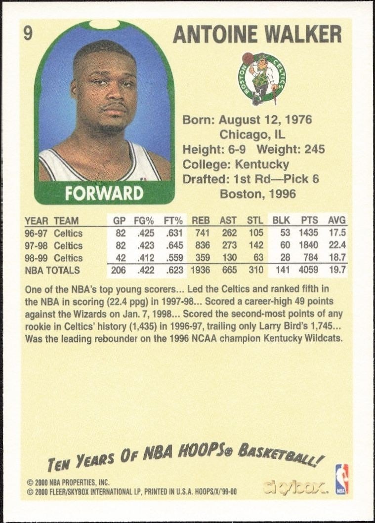 1999-00 Skybox NBA Hoops Decade Antoine Walker #9 basketball trading card back