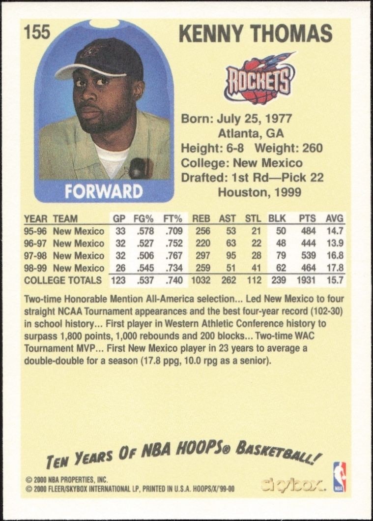 1999-00 Skybox NBA Hoops Decade Kenny Thomas #155 basketball trading card back