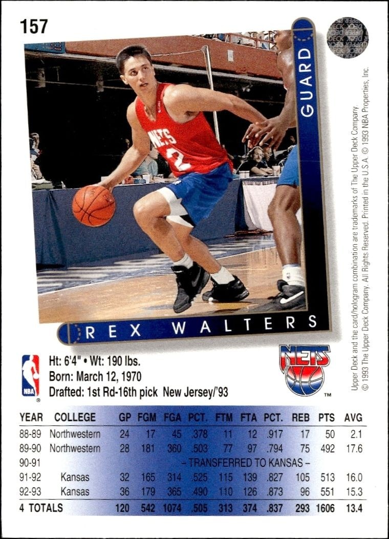 1993-94 Upper Deck Collector's Choice Rex Walters #157 basketball trading card back