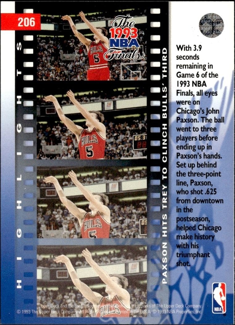 1993-94 Upper Deck Collector's Choice John Paxson #206 basketball trading card back
