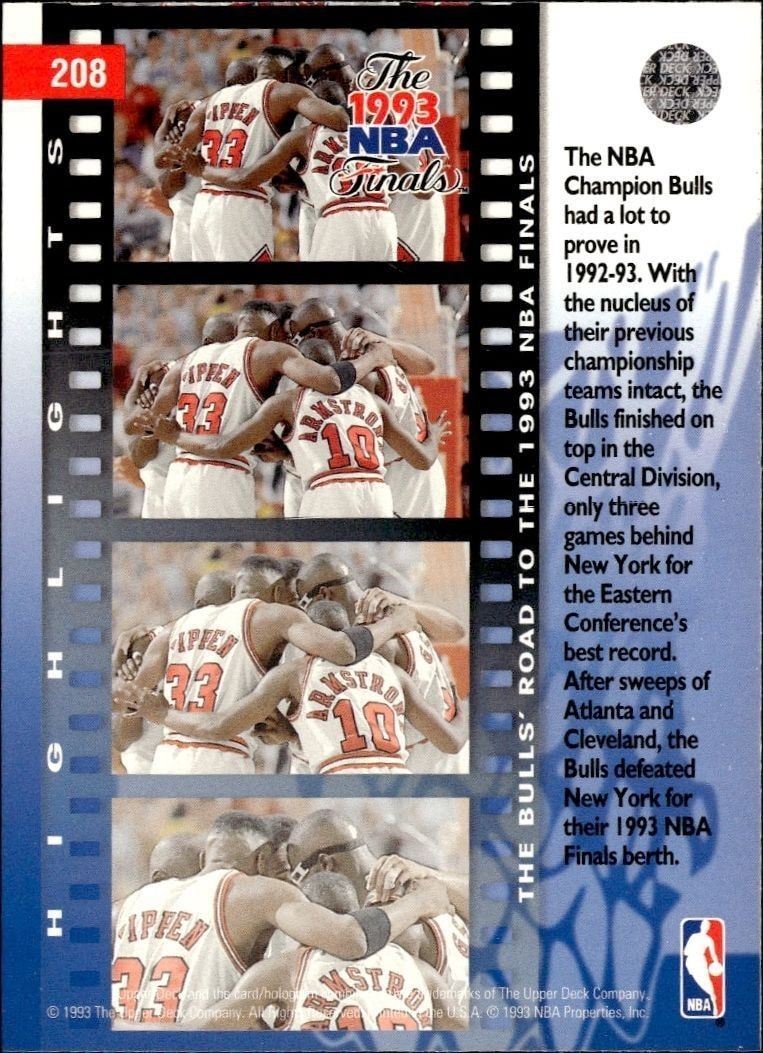 1993-94 Upper Deck Collector's Choice Chicago Bulls #208 basketball trading card back