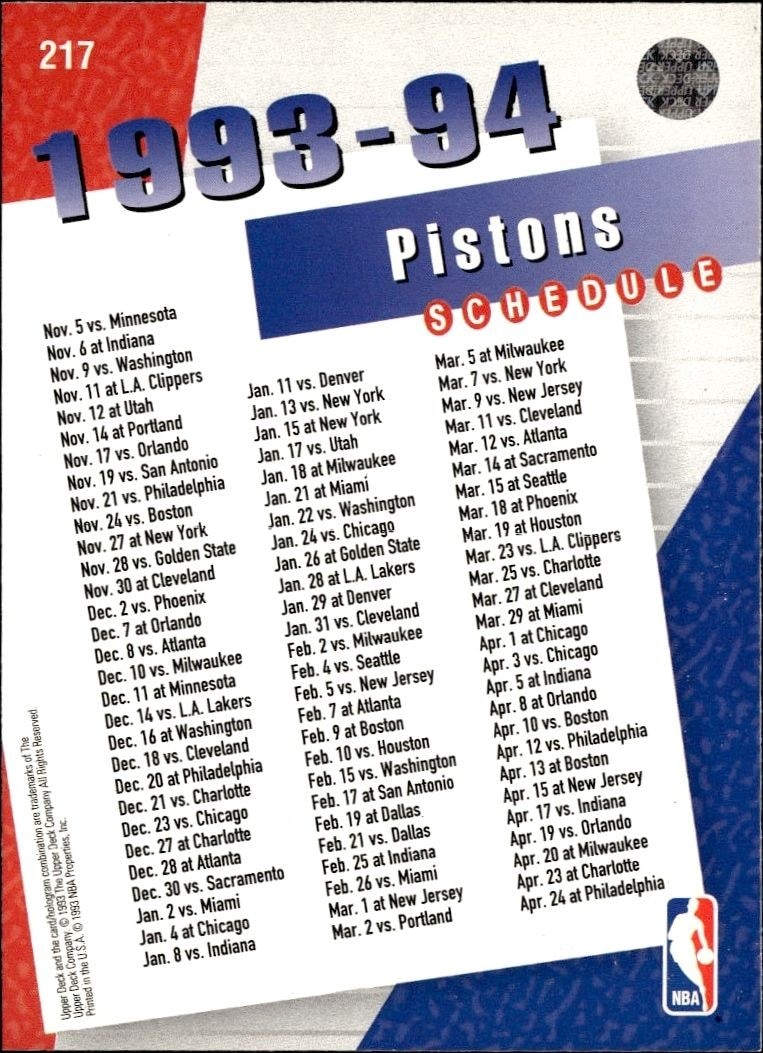 1993-94 Upper Deck Collector's Choice Detroit Pistons #217 basketball trading card back