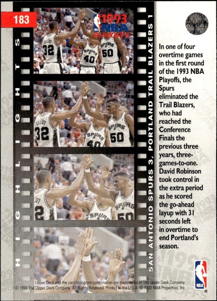 1993-94 Upper Deck Collector's Choice First Round: Spurs 3, Trail Blazers 1 #183 basketball trading card back