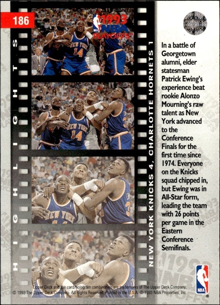 1993-94 Upper Deck Collector's Choice East Semifinals: Knicks 4, Hornets 1 #186 basketball trading card back
