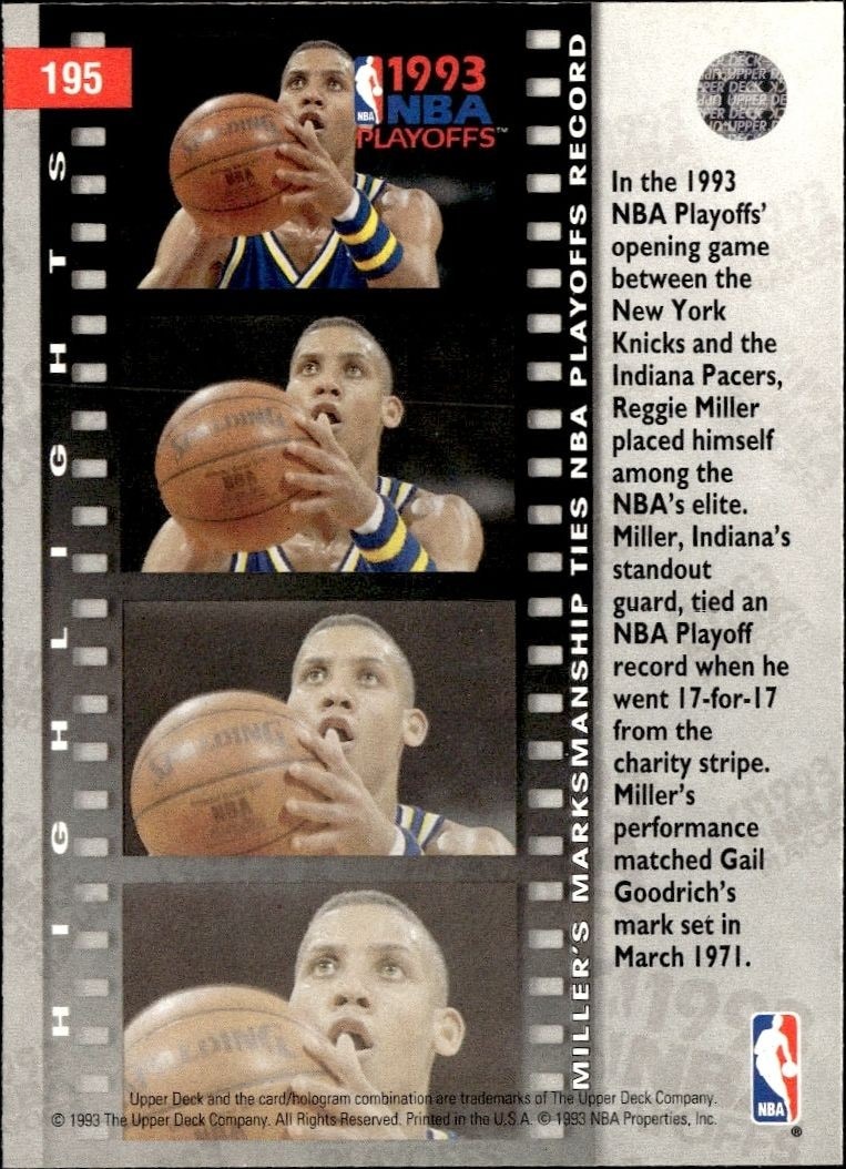 1993-94 Upper Deck Collector's Choice Reggie Miller #195 basketball trading card back