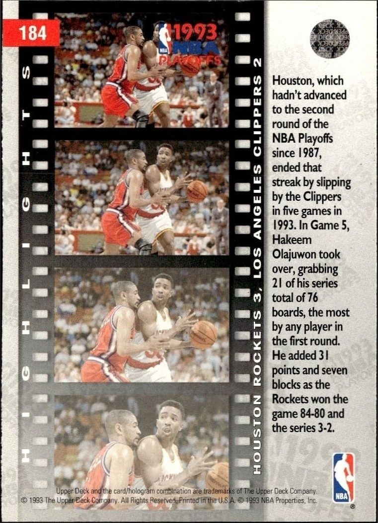 1993-94 Upper Deck Collector's Choice First Round: Rockets 3, Clippers 2 #184 basketball trading card back