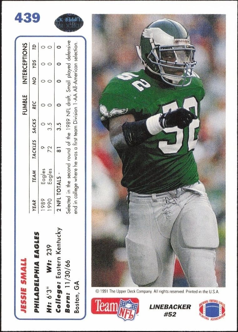 1991 Upper Deck Jessie Small #439 football trading card back