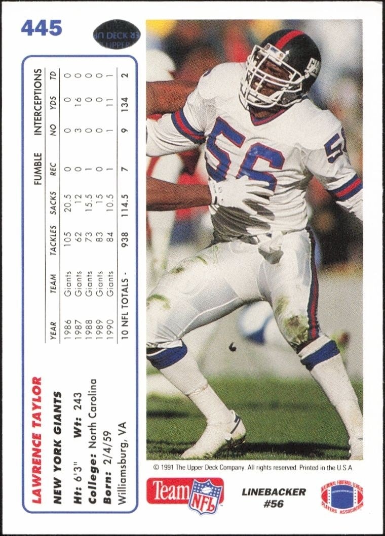 1991 Upper Deck Lawrence Taylor #445 football trading card back