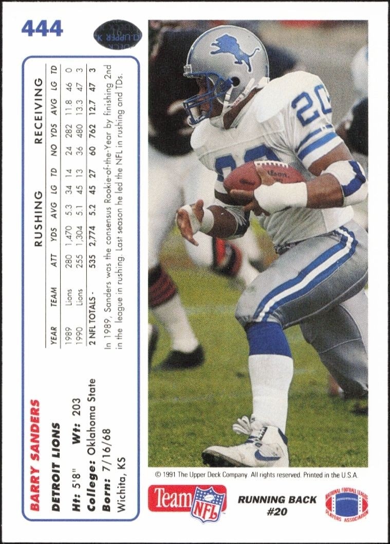 1991 Upper Deck Barry Sanders #444 football trading card back