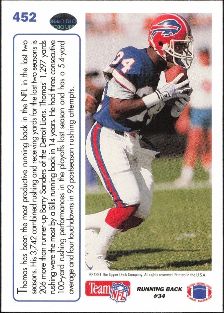 1991 Upper Deck Thurman Thomas #452 football trading card back