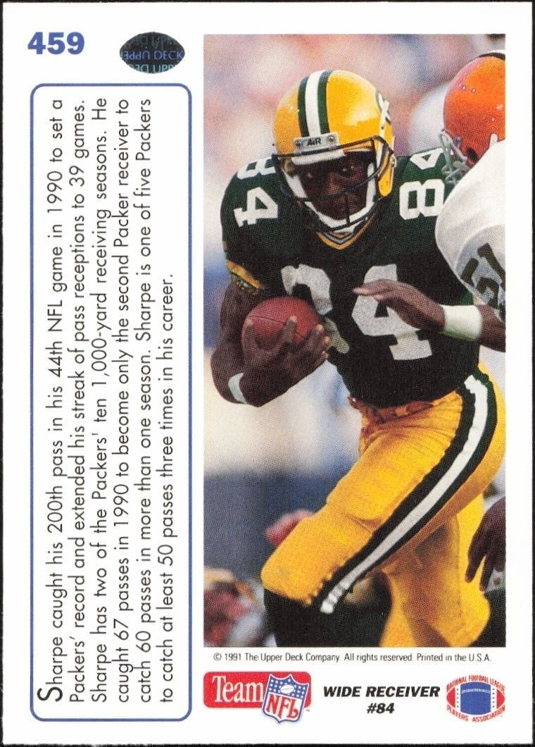 1991 Upper Deck Sterling Sharpe #459 football trading card back
