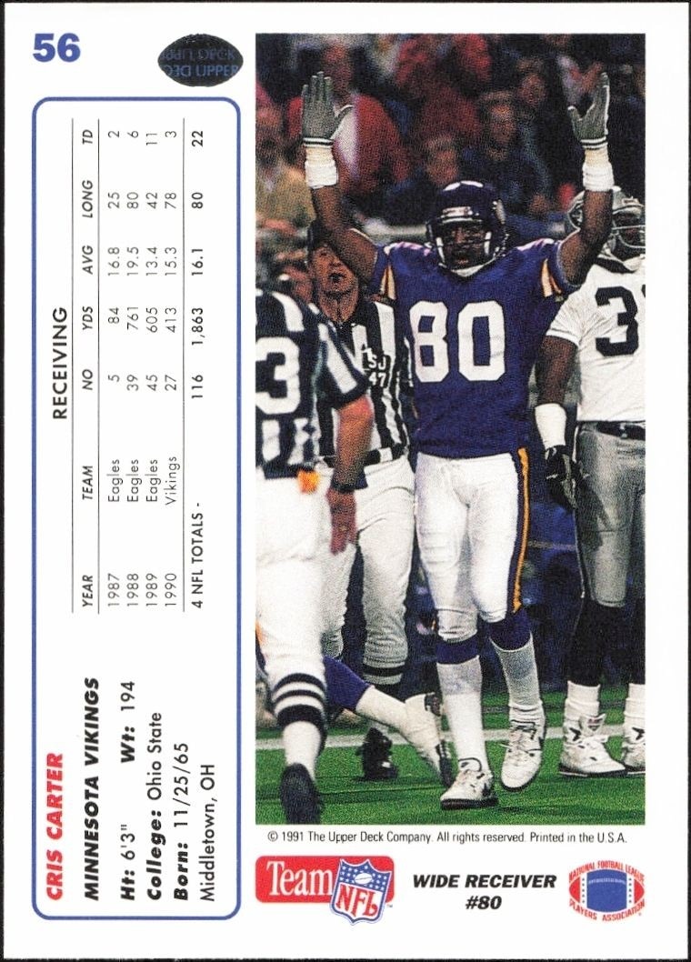 1991 Upper Deck Cris Carter #56 football trading card back