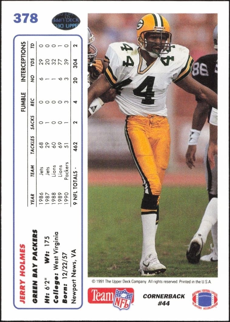 1991 Upper Deck Jerry Holmes #378 football trading card back