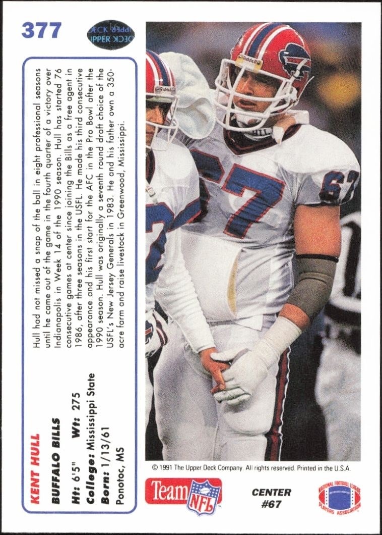 1991 Upper Deck Kent Hull #377 football trading card back