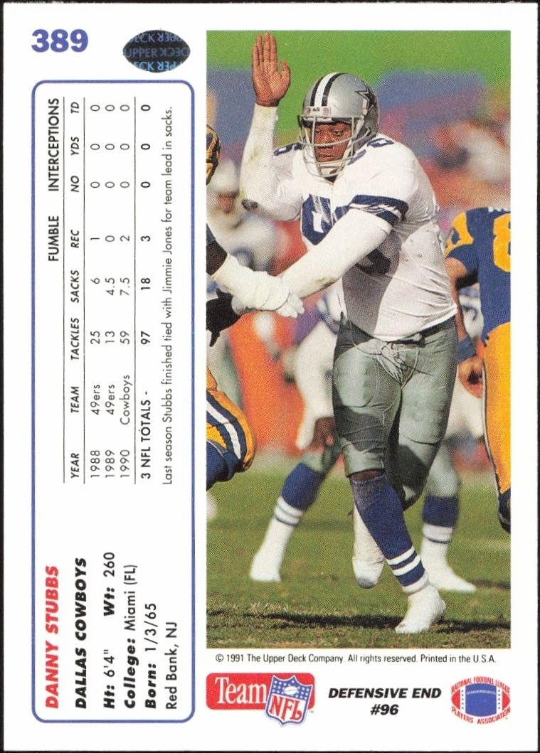 1991 Upper Deck Danny Stubbs #389 football trading card back