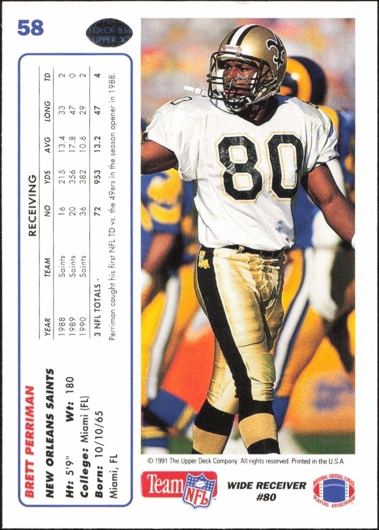 1991 Upper Deck Brett Perriman #58 football trading card back