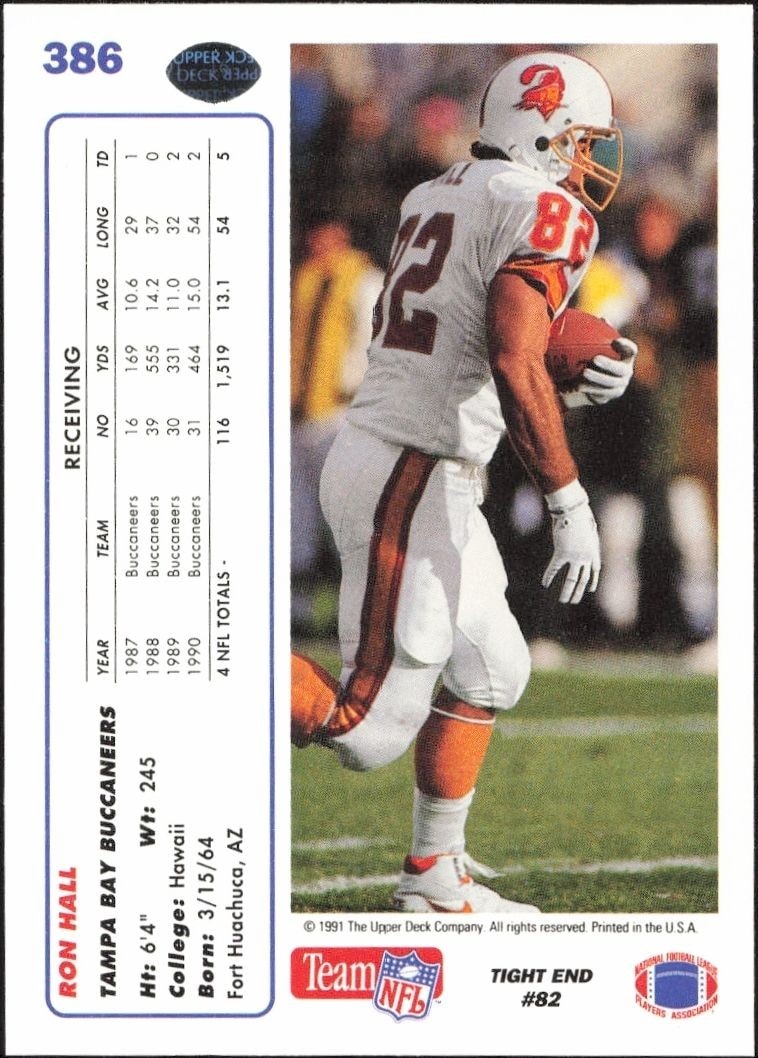 1991 Upper Deck Ron Hall #386 football trading card back