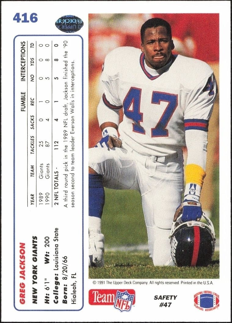 1991 Upper Deck Greg Jackson #416 football trading card back
