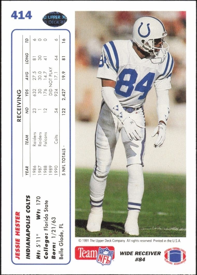 1991 Upper Deck Jessie Hester #414 football trading card back