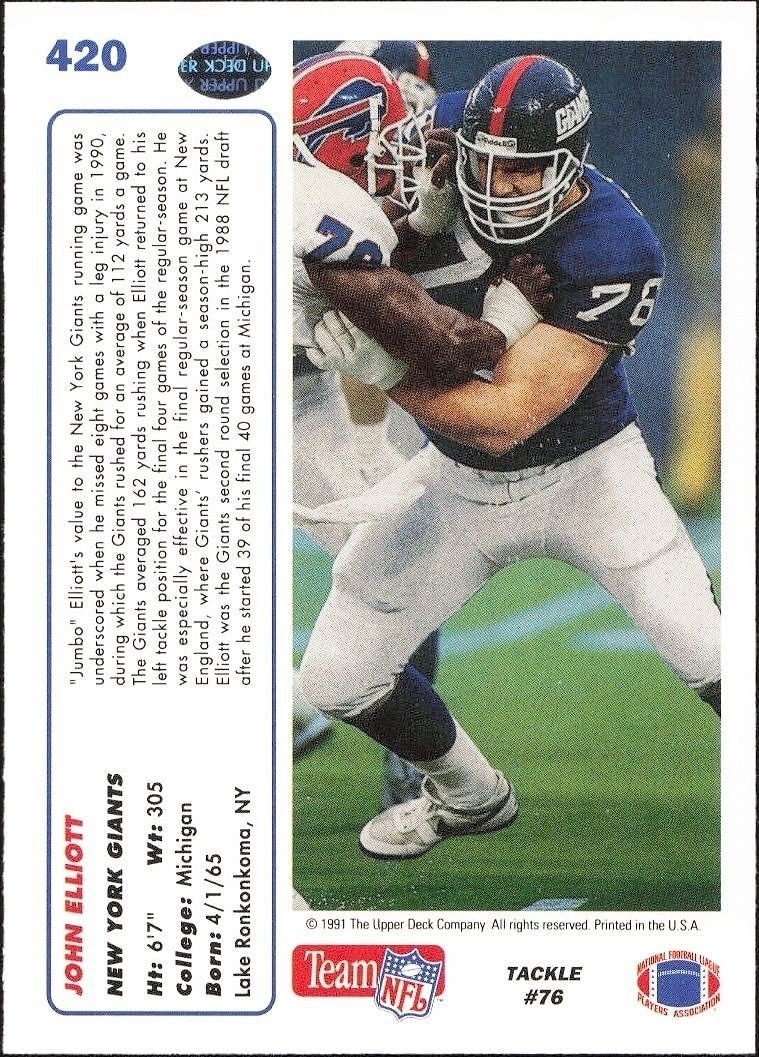 1991 Upper Deck John Elliott #420 football trading card back