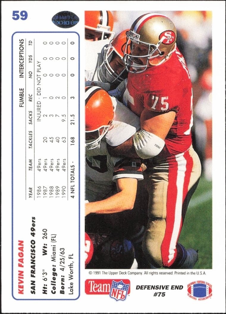 1991 Upper Deck Kevin Fagan #59 football trading card back