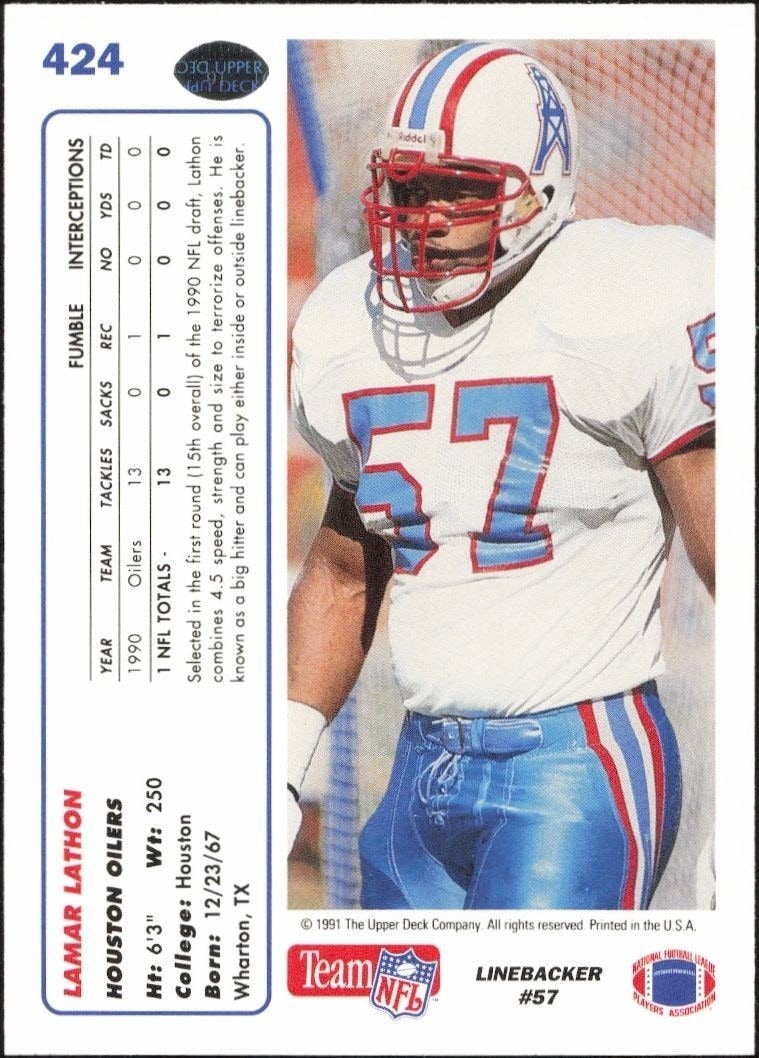 1991 Upper Deck Lamar Lathon #424 football trading card back