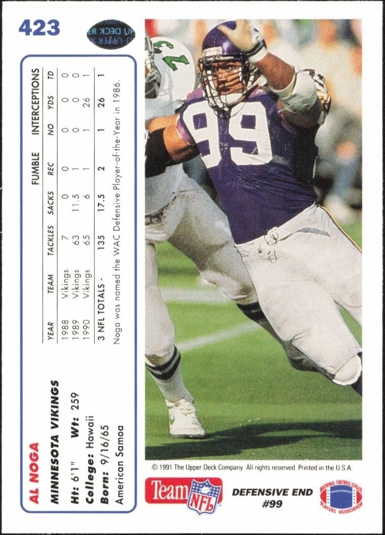 1991 Upper Deck Al Noga #423 football trading card back