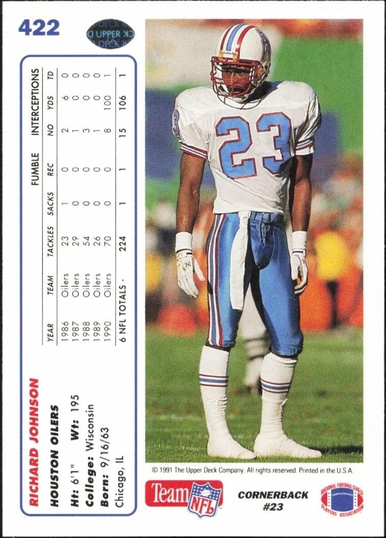 1991 Upper Deck Richard Johnson #422 football trading card back