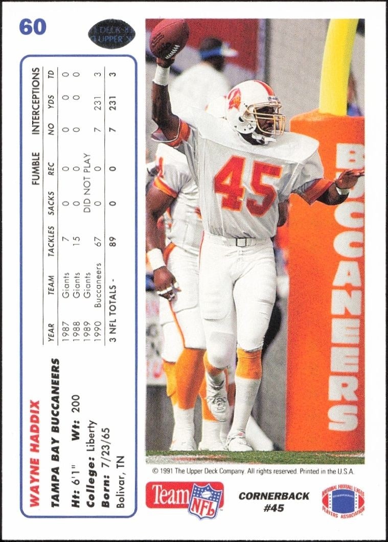 1991 Upper Deck Wayne Haddix #60 football trading card back