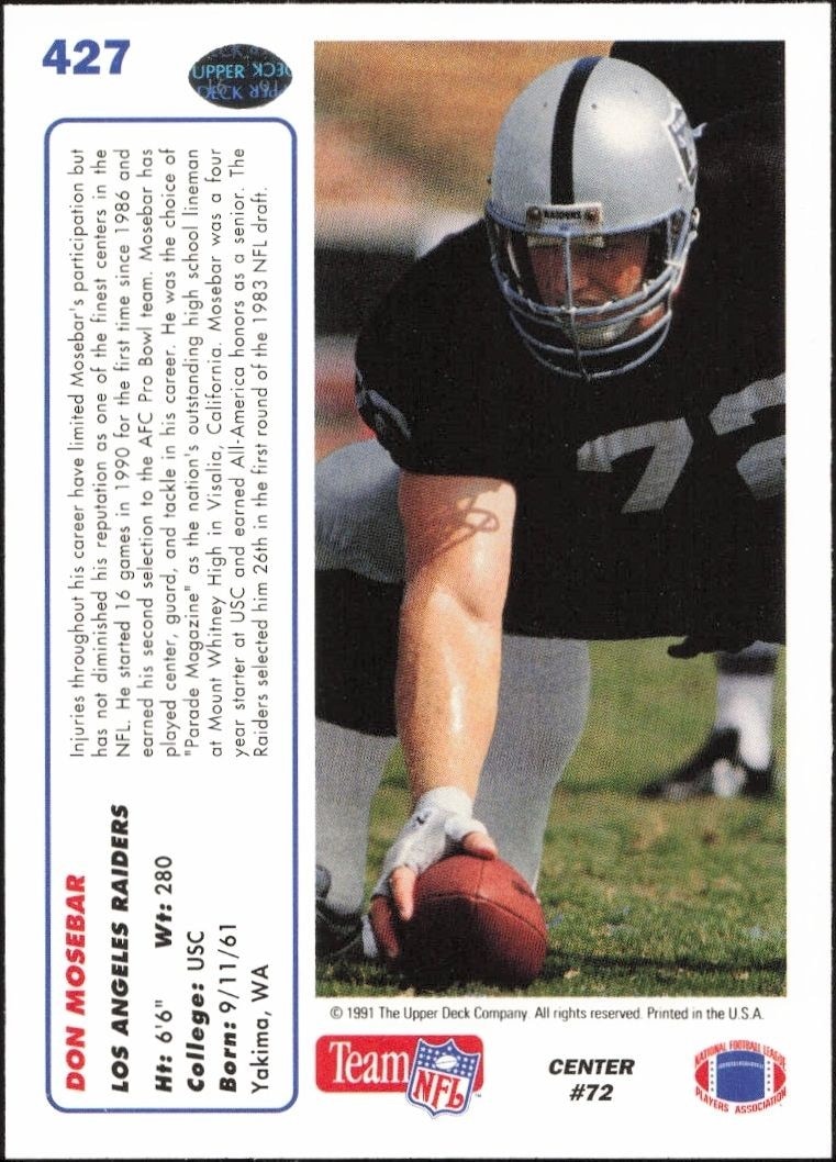 1991 Upper Deck Don Mosebar #427 football trading card back