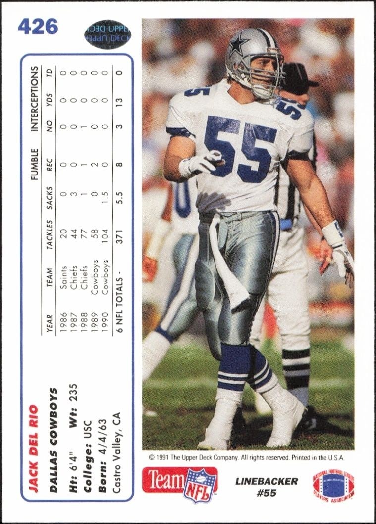 1991 Upper Deck Jack Del Rio #426 football trading card back