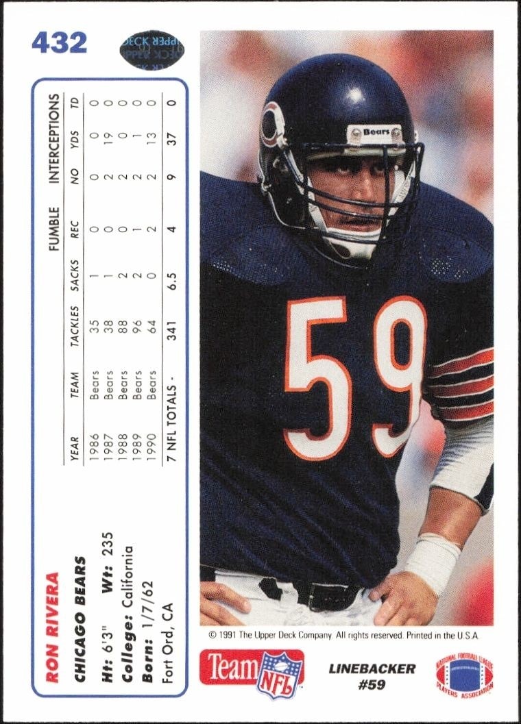 1991 Upper Deck Ron Rivera #432 football trading card back
