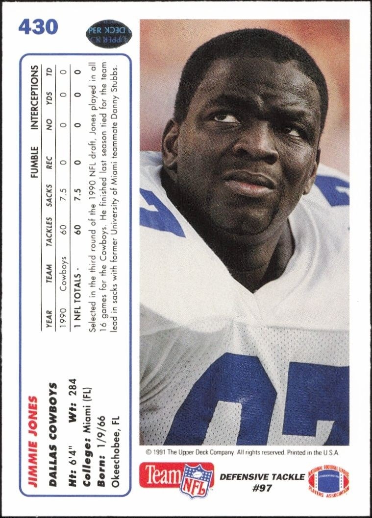 1991 Upper Deck Jimmie Jones #430 football trading card back