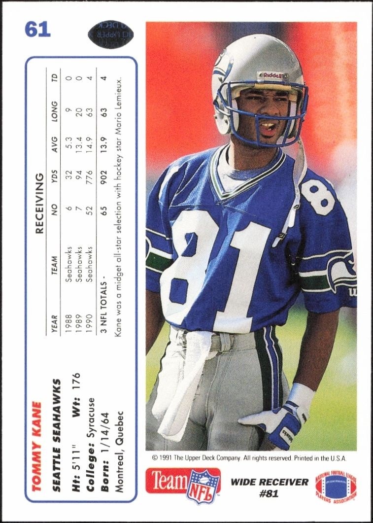 1991 Upper Deck Tommy Kane #61 football trading card back