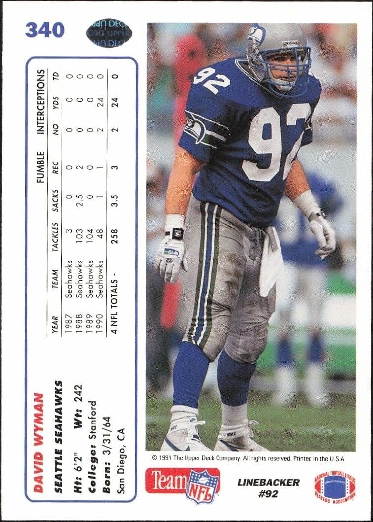 1991 Upper Deck David Wyman #340 football trading card back