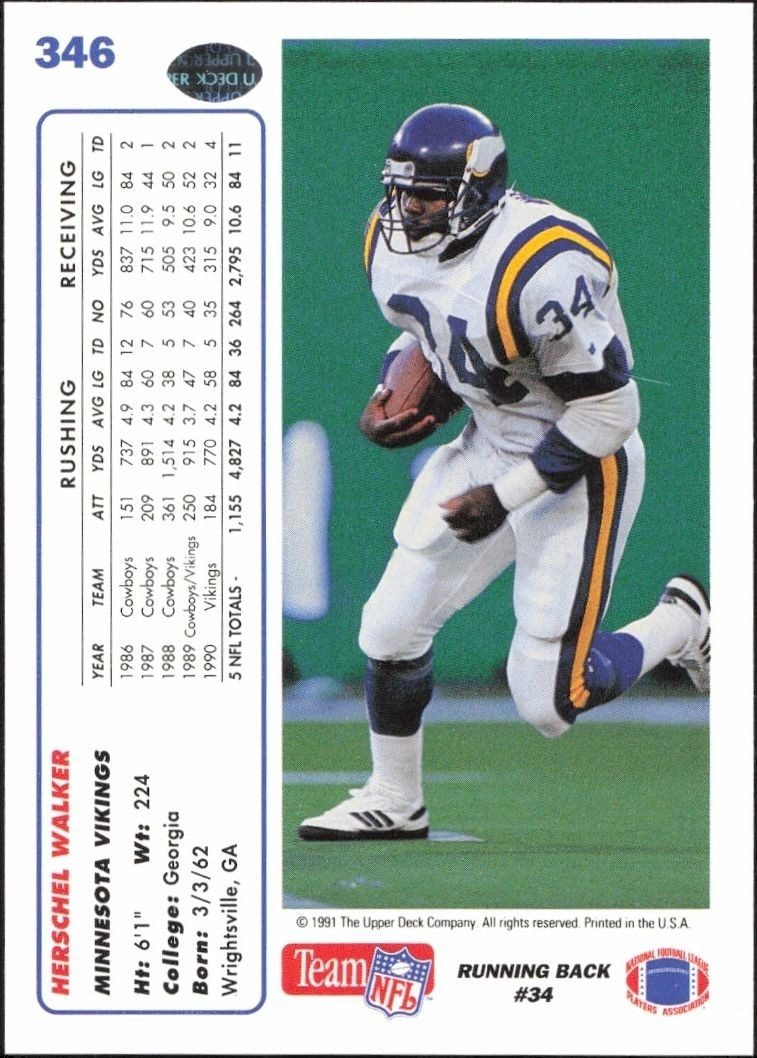 1991 Upper Deck Herschel Walker #346 football trading card back