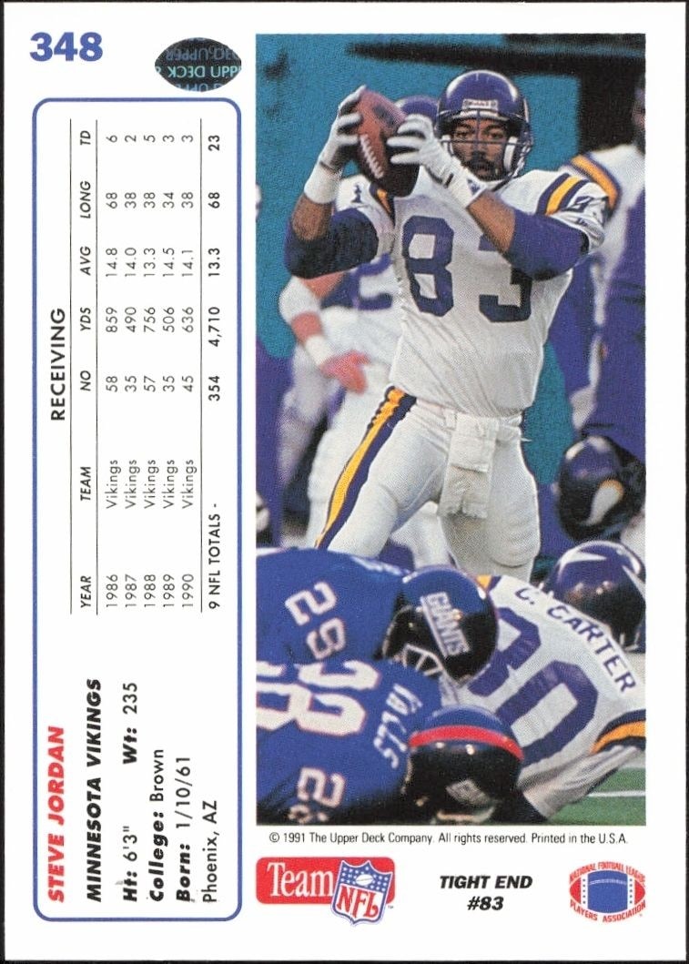 1991 Upper Deck Steve Jordan #348 football trading card back