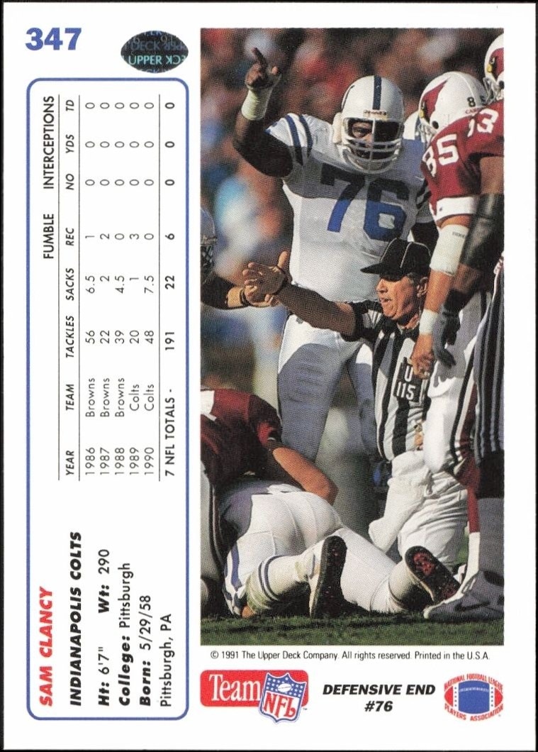 1991 Upper Deck Sam Clancy #347 football trading card back
