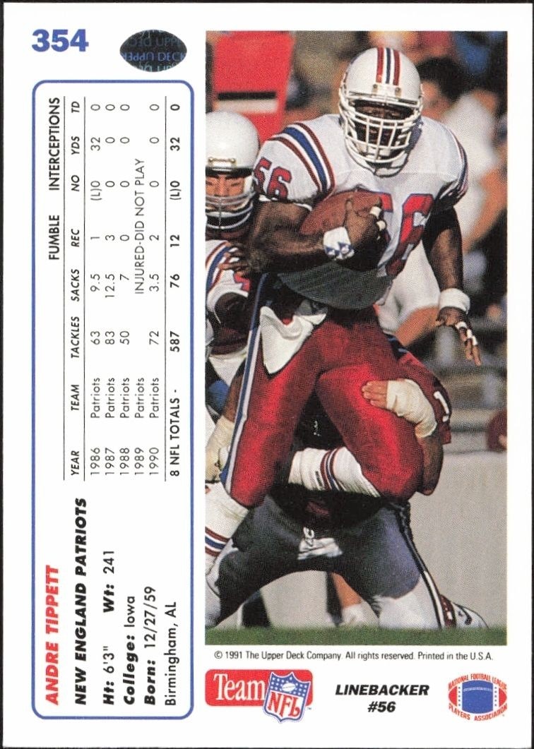 1991 Upper Deck Andre Tippett #354 football trading card back