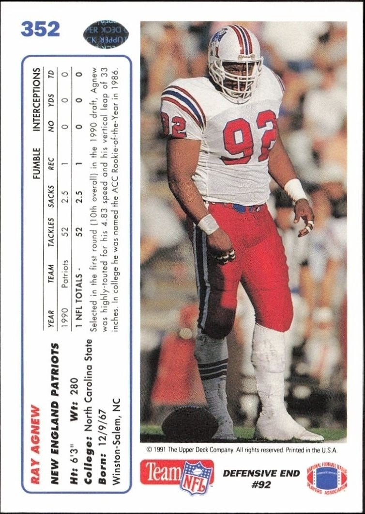 1991 Upper Deck Ray Agnew #352 football trading card back