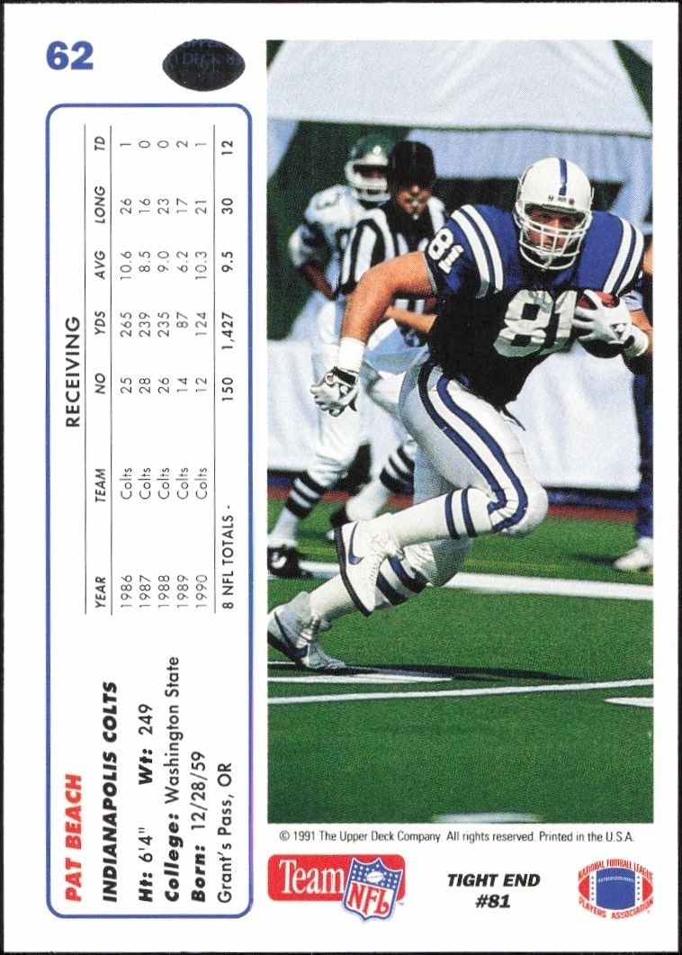 1991 Upper Deck Pat Beach #62 football trading card back