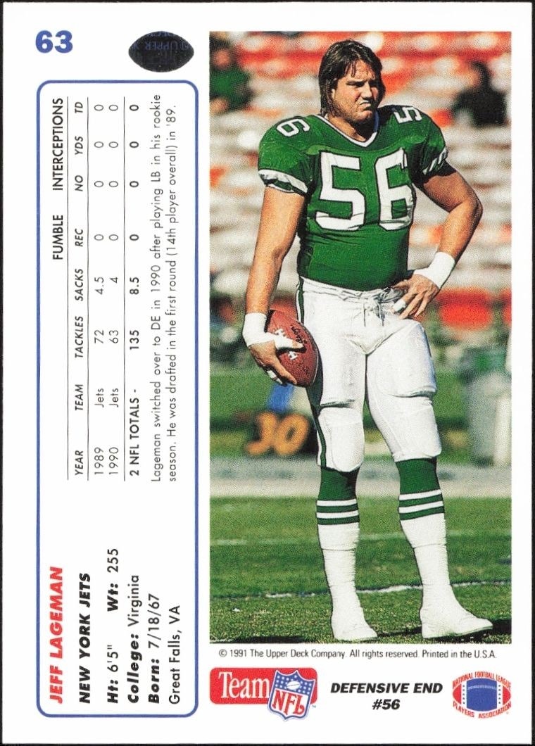1991 Upper Deck Jeff Lageman #63 football trading card back