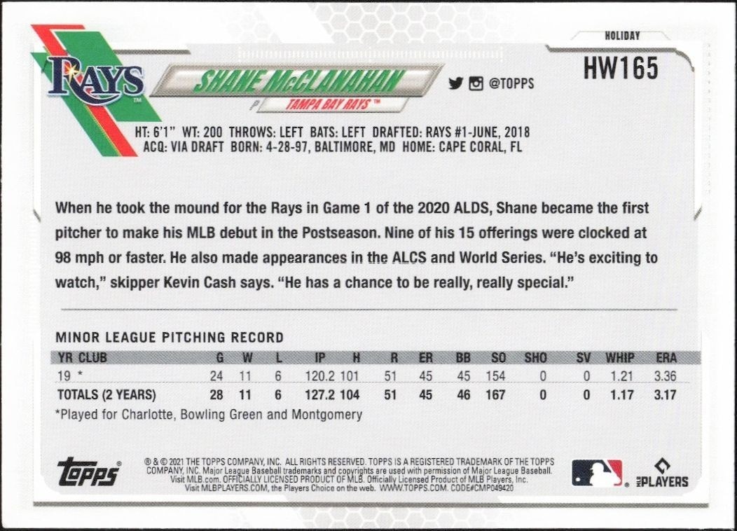 2021 Topps Holiday Shane McClanahan #HW165 baseball trading card back