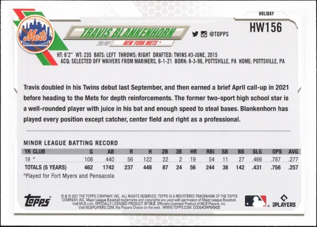 2021 Topps Holiday Travis Blankenhorn #HW156 baseball trading card back
