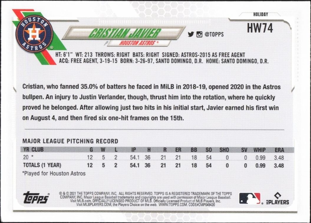2021 Topps Holiday Cristian Javier #HW74 baseball trading card back