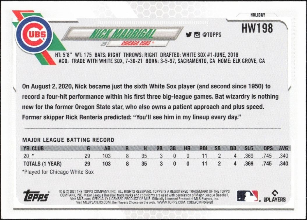 2021 Topps Holiday Nick Madrigal #HW198 baseball trading card back
