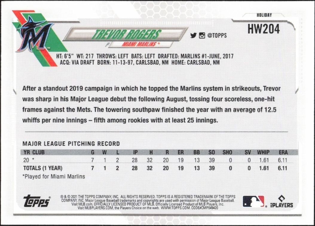 2021 Topps Holiday Trevor Rogers #HW204 baseball trading card back