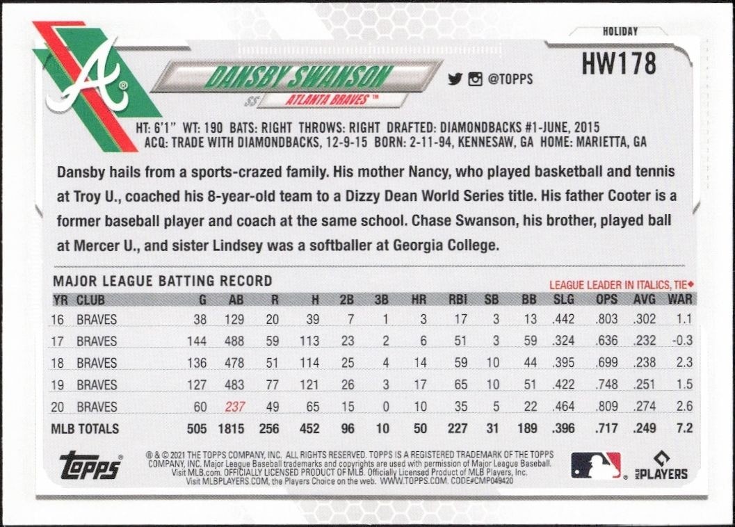 2021 Topps Holiday Dansby Swanson #HW178 baseball trading card back